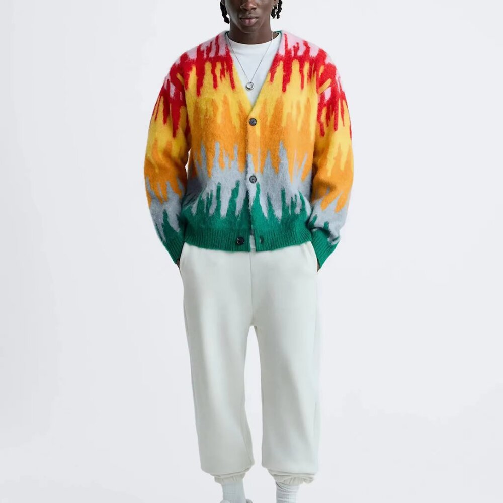 ZARA V-Neck Brushed Shag Cardigan, Vibrant Multicolor All-Over Print, Sz S-M - Picture 10 of 11
